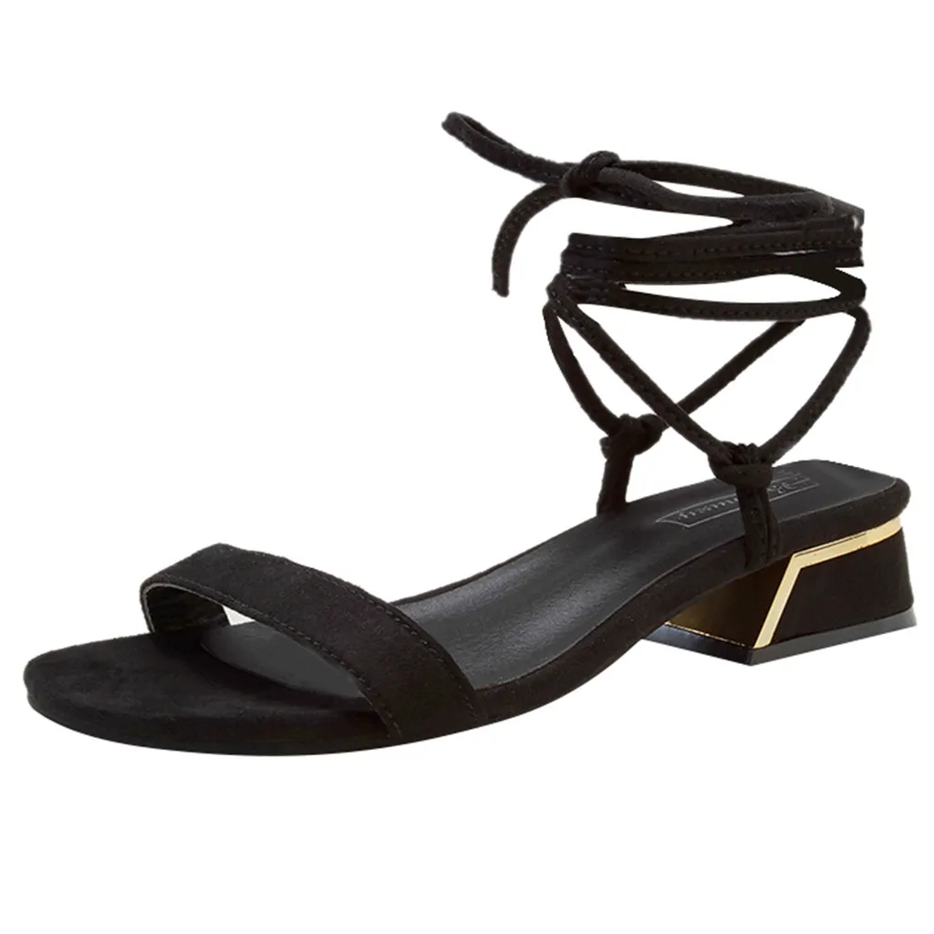 

SAGACE Women's Sandals Summer Low Heel Simple Open Toe Lace Joker Anklet Strap Square High Heel Fashion Roman Sandals 2019
