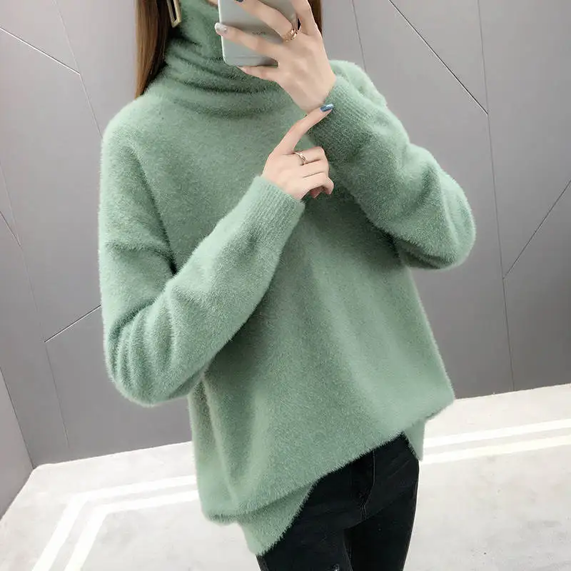 

Faux Mink Cashmere Turtleneck Sweater Women Autumn Winter New Pullover Women Sweaters Loose Warm Knit Pullovers Women Tops C5685