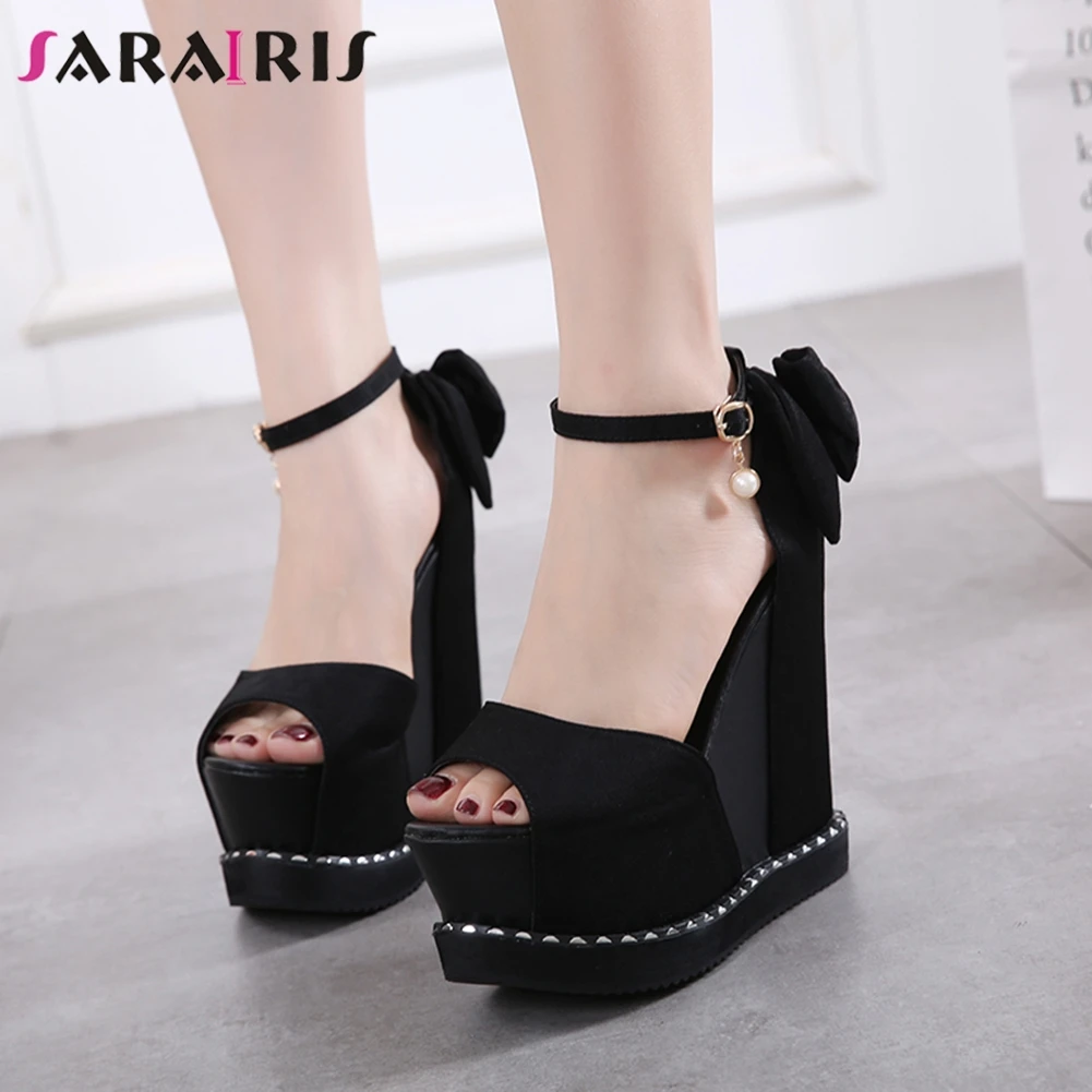 

SARAIRIS 2019 Wholesale Hot Sale Peep Toe Summer Shoes Woman Sandals Wedge High Heels Platform Bowtie Sandals Woman Shoes