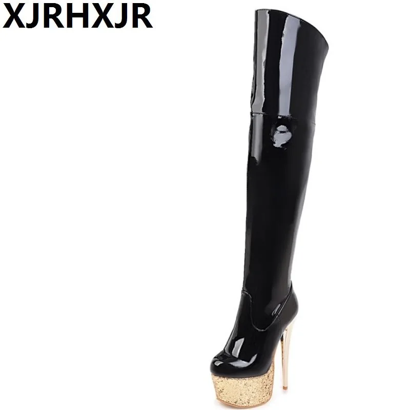 

XJRHXJR Plus Size 33-48 Patent Leather Sexy Over The Hnee Boots For Women Platform Shoes 16cm High Heels Long Club Dancing Boots