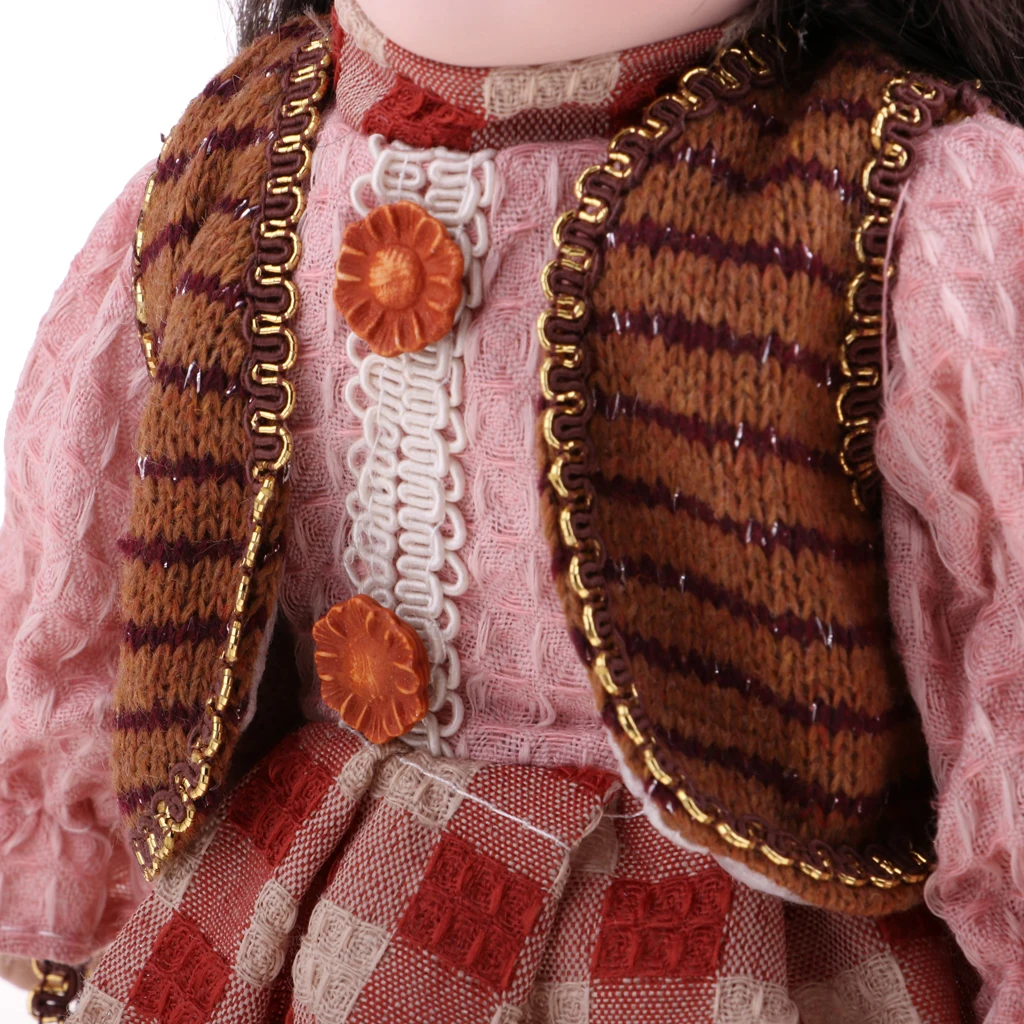 30cm Elegant Girl Doll Lady in Pink Piaid Dress Gown Hat Dolls House Miniature Accessory Xmas Gift	