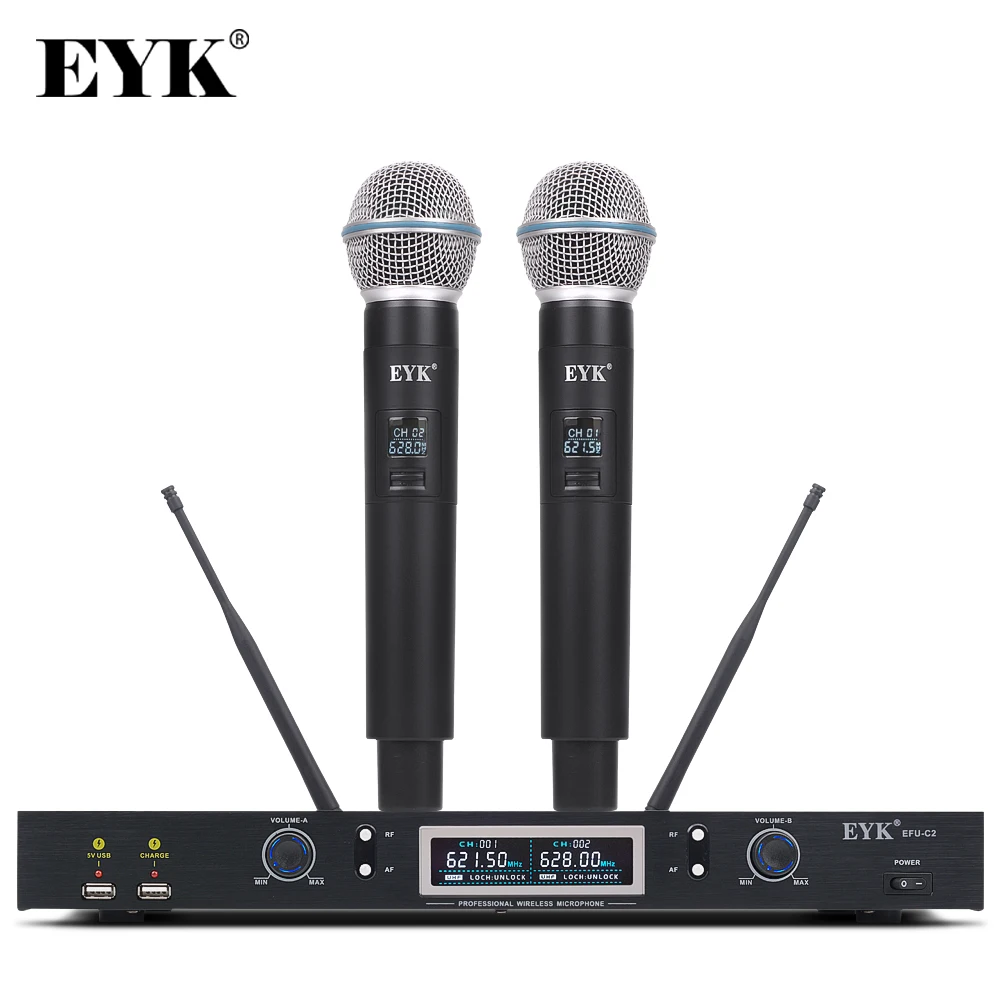EYK EFU-C2 профессиональный караоке УВЧ беспроводной микрофон Система длинный Диапазон 2 канала 2 ручной микрофон передатчик с usb зарядкой