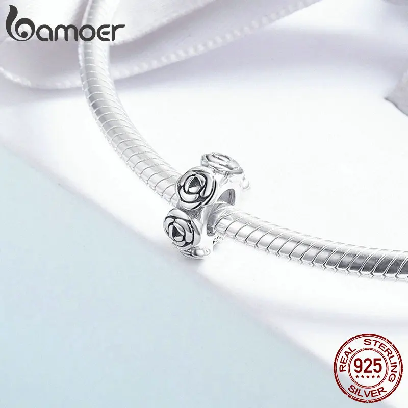 BAMOER, настоящее 925 пробы, серебряные, романтические, штабелируемые, розы, бусины, подходят для женщин, браслет, ожерелье, хорошее ювелирное изделие, S925 SCC596