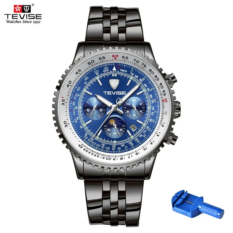 TEVISE механические часы мужские большие часы 49 мм Диаметр Moon Phase Week прозрачные мужские автоматические часы ремешок Fixer дропшиппинг - Цвет: Black Blue With Tool