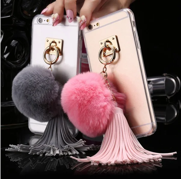 

For iphone 11 Pro MAX X XS MAX XR 6 6sPlus 7plus 8 8Plus Case Fundas Rabbit Fur Ball Tassels Metal Ring Cases Soft TPU Cover