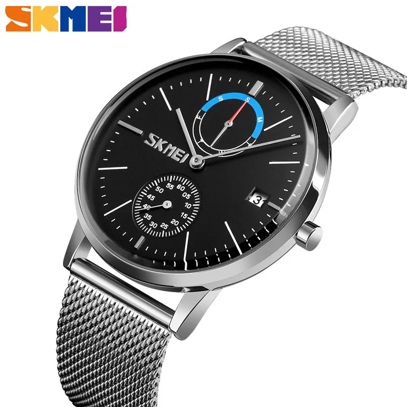 

SKMEI Fashion Men's Watches Top Luxury Brand Business Quartz Wristwatches Men 3Bar Waterproof Full Steel Mesh Male Clock Relogio
