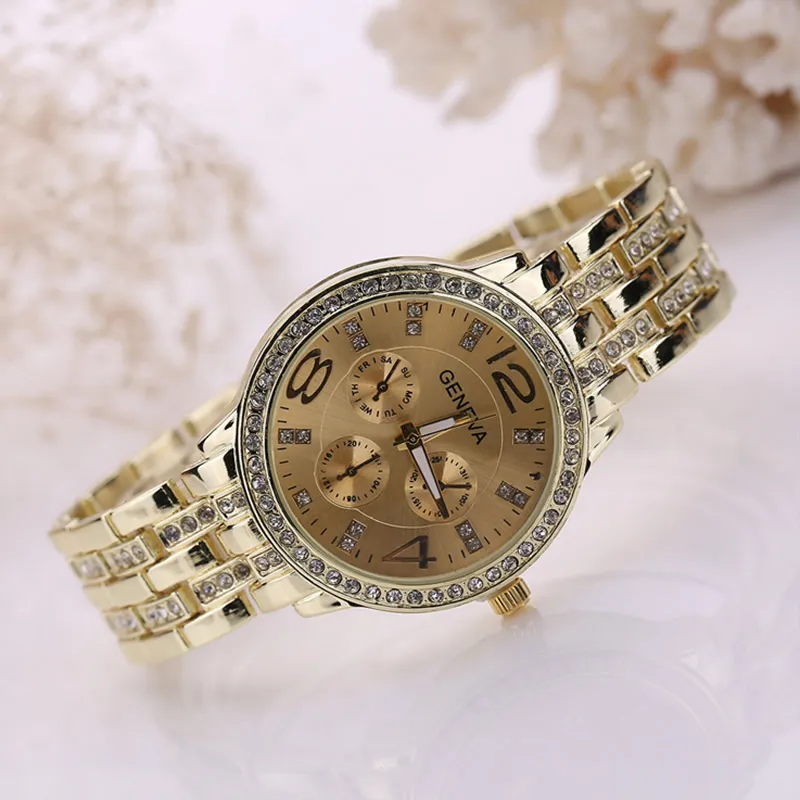 

2017 New Geneva Watch Famous Brand Women Gold Stainless Steel Quartz Watches Crystal Casual Analog Wristwatches Relogio Feminino