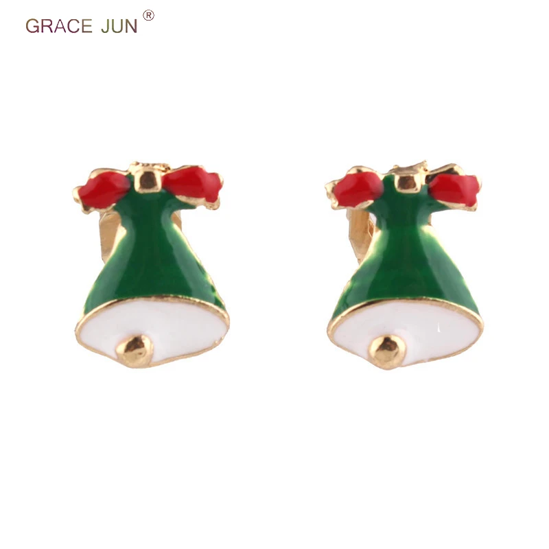 

GRACE JUN New Fashion Alloy Enamel Small Bow-knot Christmas Bell Clip on Earrings No Pierced for Kids Cute No Ear Hole Earrings