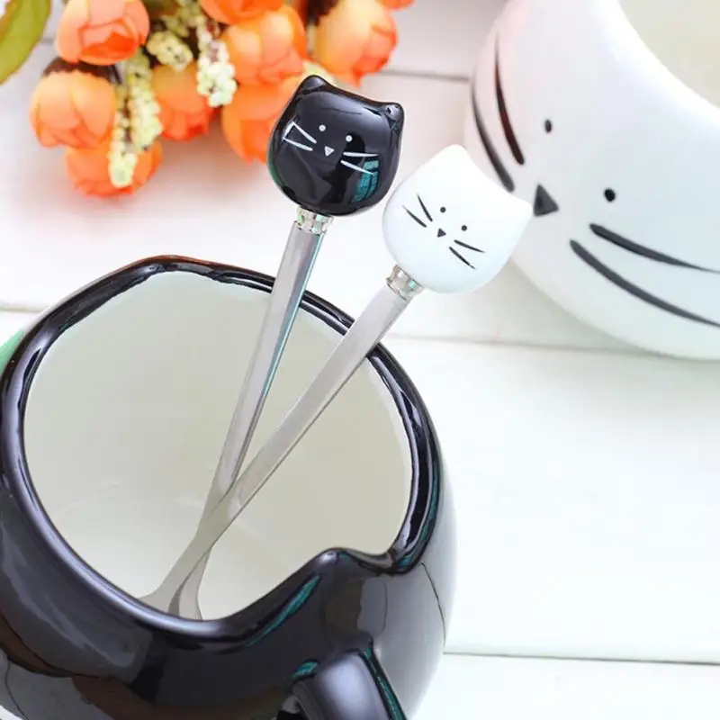 

1Pc Stainless Steel Cartoon Coffee Spoon Black White Cat Ceramic Spoons Unique Ice Cream Desert Scoop Flatware Kitchen Tool