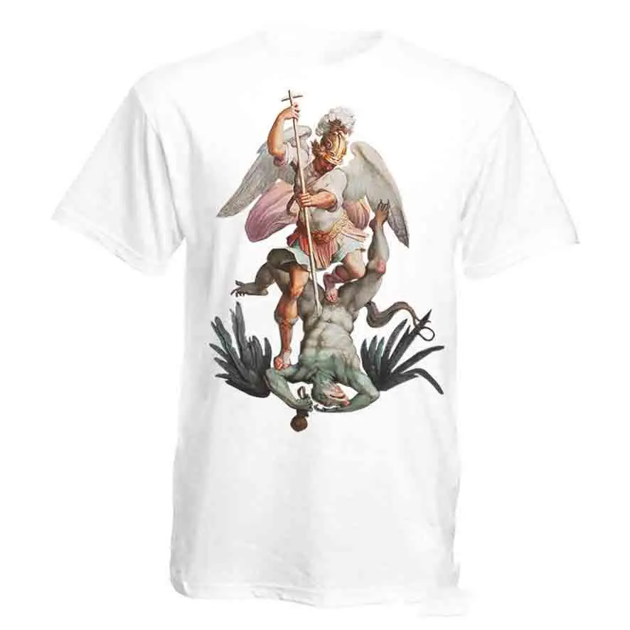 

Saint Michael Archangel Destroy the Devil Catholic Christian White T-Shirt I Tees Custom Jersey t shirt hip hop t-shirt