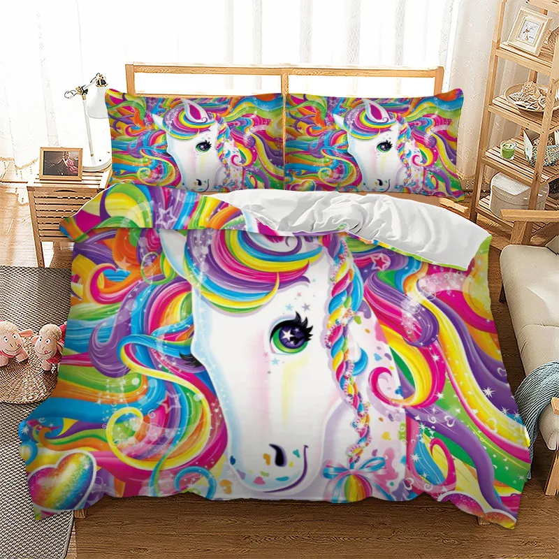 Cartoon Unicorn Printed Bed Linens Set Queen King Double Sizes