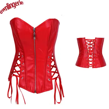 

New arrive Women Strapless Corselet Black Red Lace up Back Corset Faux Leather Overbust Zipper Bustier Top Shaper