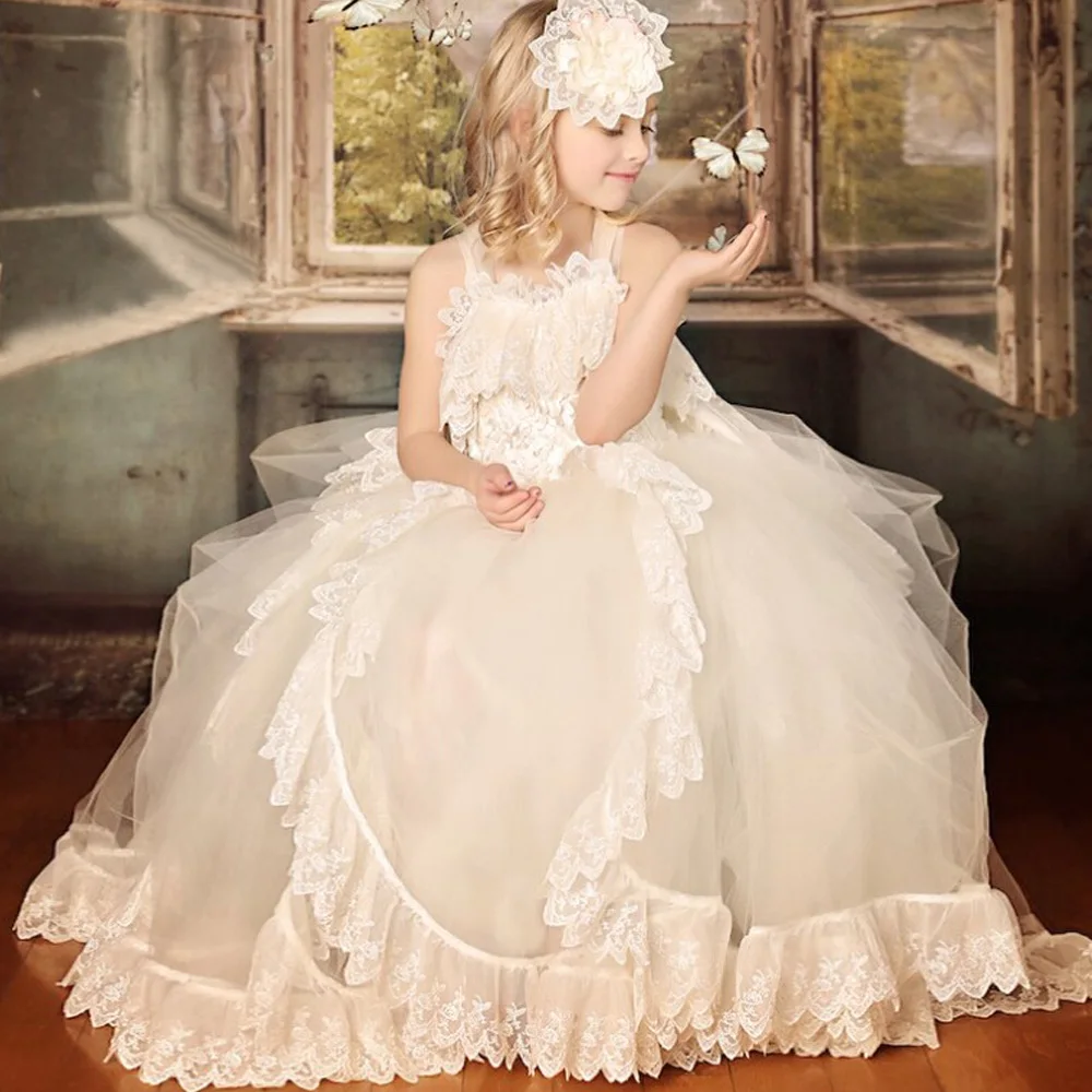 Ankle Length Party Mesh Tulle and Hollow Back Flower Girl Dresses White Lace Ball Gown for Weddings 2016 Kids Evening Gowns