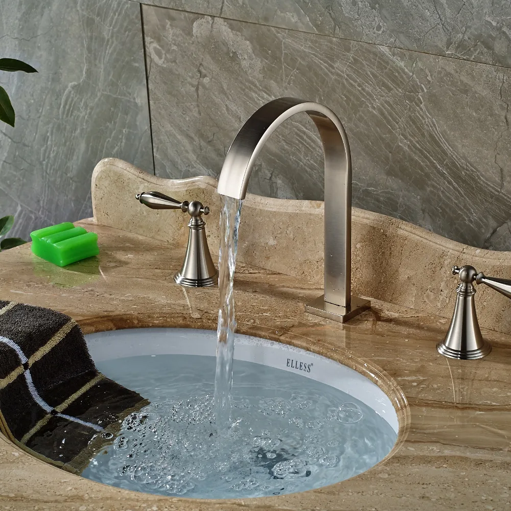 

Waterfall Spout Nickel Brushed Bathroom Basin Faucet Dual Handles Sink Mixer Tap