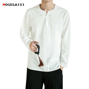 

Mens Shirts Linen Collarless Flax Shirt For Men Shirt Linen Cotton Long Shirt Man Solid Slim Buckles Size M-5XL