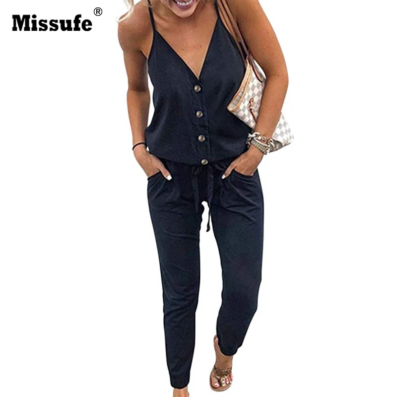 

Missufe Solid V Neck Front Button Women Rompers Jumpsuits Drawstring Sexy Bodysuits Sleeveless Overalls Female Jumpsuit