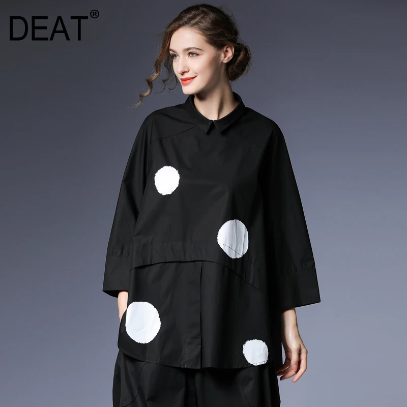 

[DEAT] 2019 New Autumn Winter Lapel Long Sleeve Hem Split Joint Dot Printed Hit Color Big Size Shirt Women Blouse Fashion JG93
