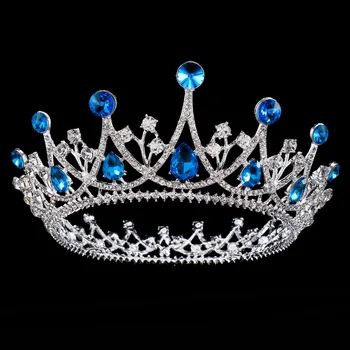 

Fashion Sweet Princess Royal Rhinestone Crown Wedding Bridal Tiaras Hairband Sparkling Blue Crystal Headpieces Hair Accessories