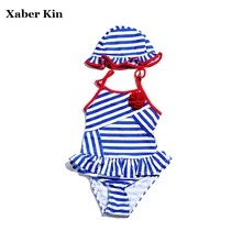 Купальник в полоску с шапочками для девочек от 2 до 10 лет, красивая пляжная одежда для девочек красивые купальные костюмы, купальники, G32-K323