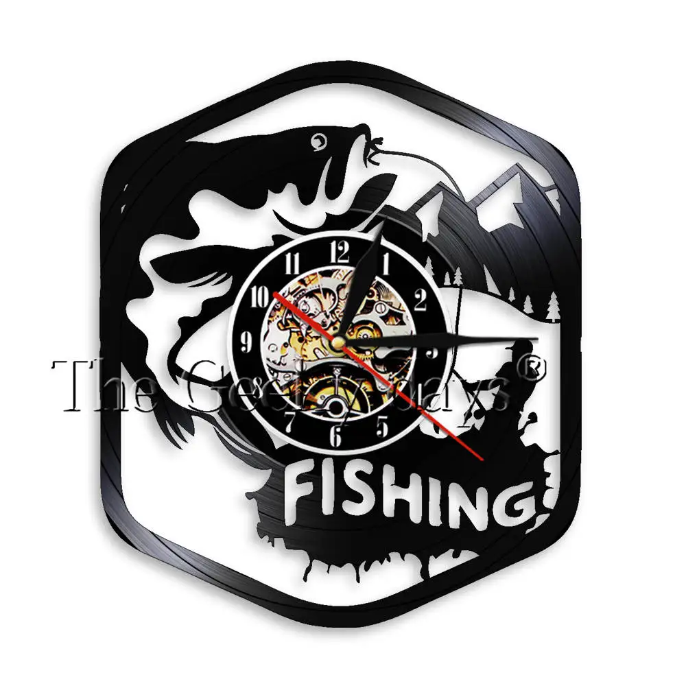 Fishing Wall Art Vinyl Record Clock Angling Fish Hook Fisherman Room