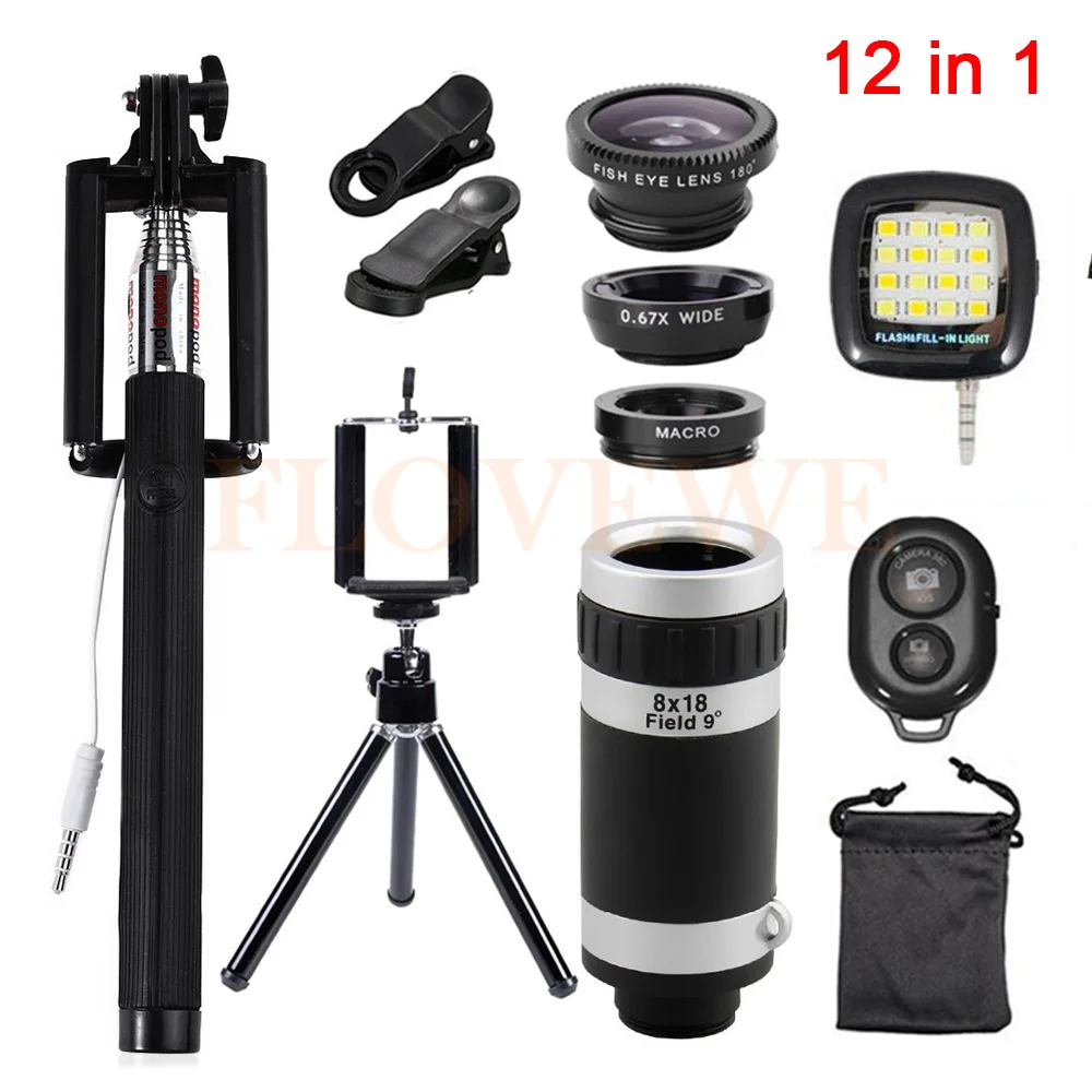 

12in1 Phone Camera Lens Kit Fish eye Fisheye Wide Angle Macro Lens 8x Zoom Telephoto Lenses Tripod Clips Selfie Flash Light