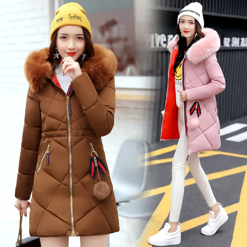 

2017 Winter Women ParkasThick Warm Hooded Female Cotton-padded Coats Jackets Long Feathers Collar Zipper New Hot LA1013B#2802
