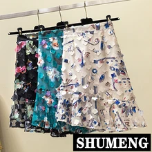 Летние цветочные элегантные женские юбки высокая талия аппликации оборка в виде рыбьего хвоста Юбка шифоновая средняя русалка юбка женская