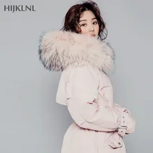 HIJKLNL парки розовый пуховик пальто женщин зима средней длины большой натуральный мех воротник с капюшоном толстые куртки пальто LH464