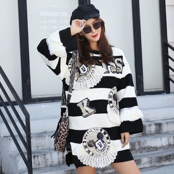 

European station 2019 autumn new cartoon striped sequins in the long section loose sweater women's sweater dress female tide