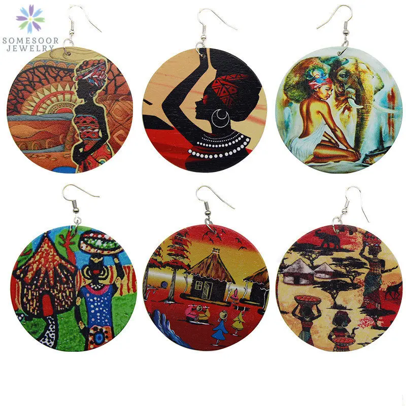 

SOMESOOR African Original Tribal Wood Drop Earrings Headwrap Woman Afrocentric Ethnic Eco Art Printed Jewelry As Black Lady Gift