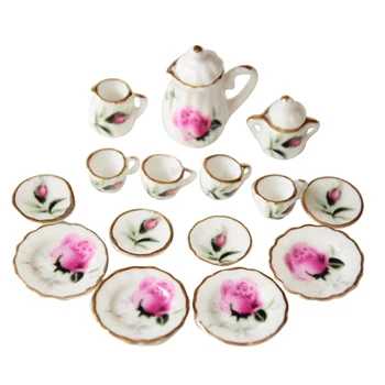 

LCLL-Lot of 15 Rosebud Porcelain Dollhouse Miniature Coffee Tea Cup Set