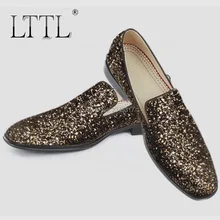 LTTL Handmade Gold Slipon Men Slippers Loafers 2016 Newest Fashion Men Party And Wedding Shoes Italian Style Glitter Men’s Flats