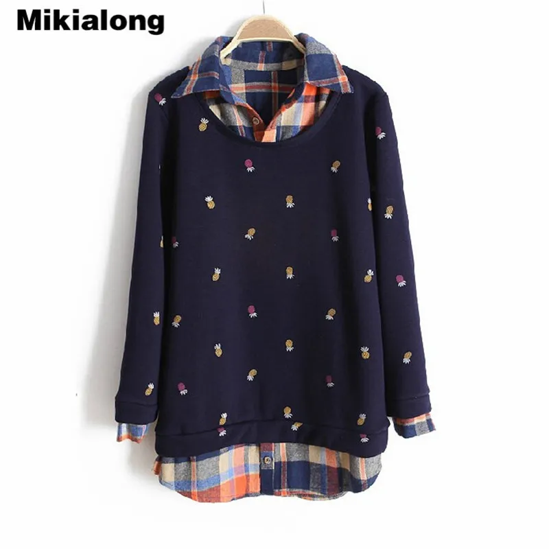 Mikialong Casual Plaid Patchwork Pineapple Hoodies Women