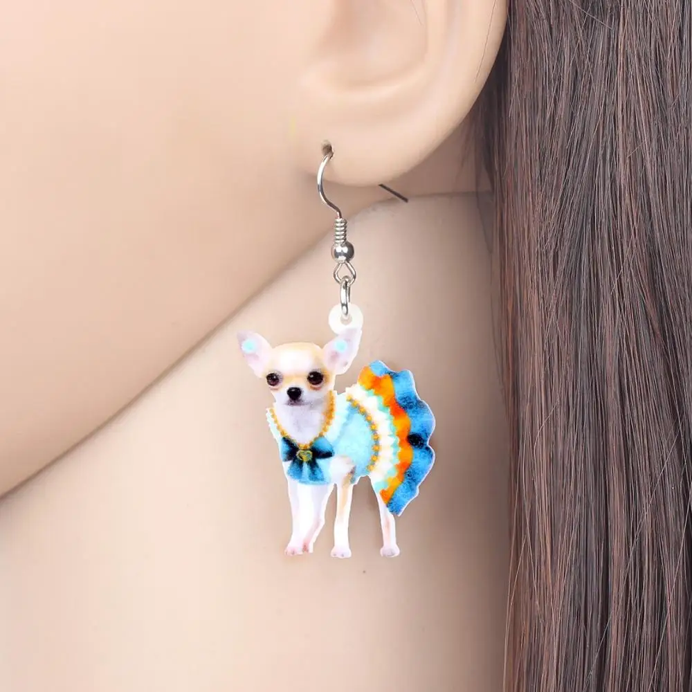Details about / Chihuahua Blue Dress Realistic Acrylic Double-Sided Silver Hook Earrings Jewelry