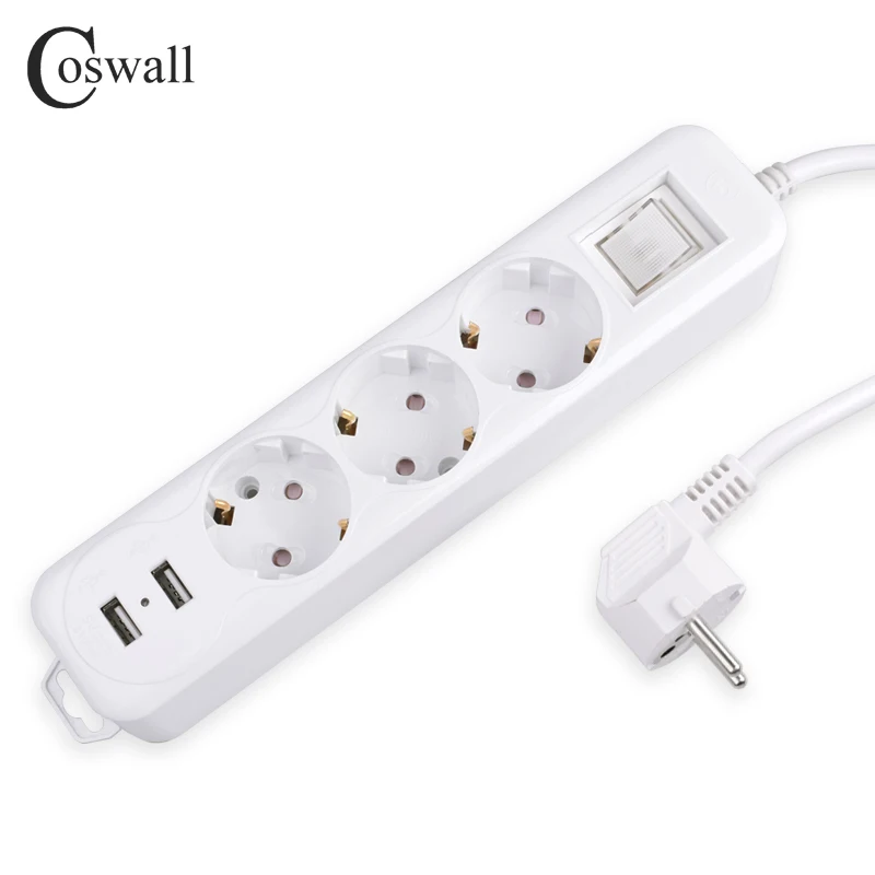 

COSWALL Power Strip Dual USB Charge Port 3 AC EU Outlet Socket Extension Plug Power Button Surge Protector 2M Pure Copper Wire