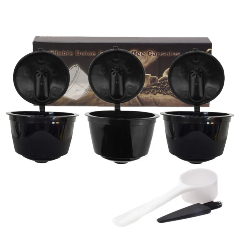 3 штуки обновленная версия многоразовые кофейные капсулы многоразовые кофейные фильтры стручки для dolcegusto с совком и кистью - Цвет: Черный