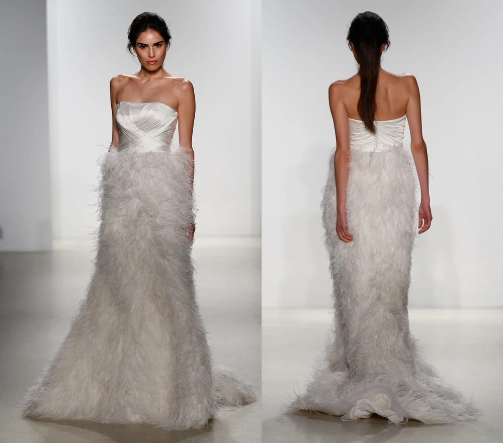 2016 Charming Feather Wedding Dresses Silk stretch satin pleated bodice