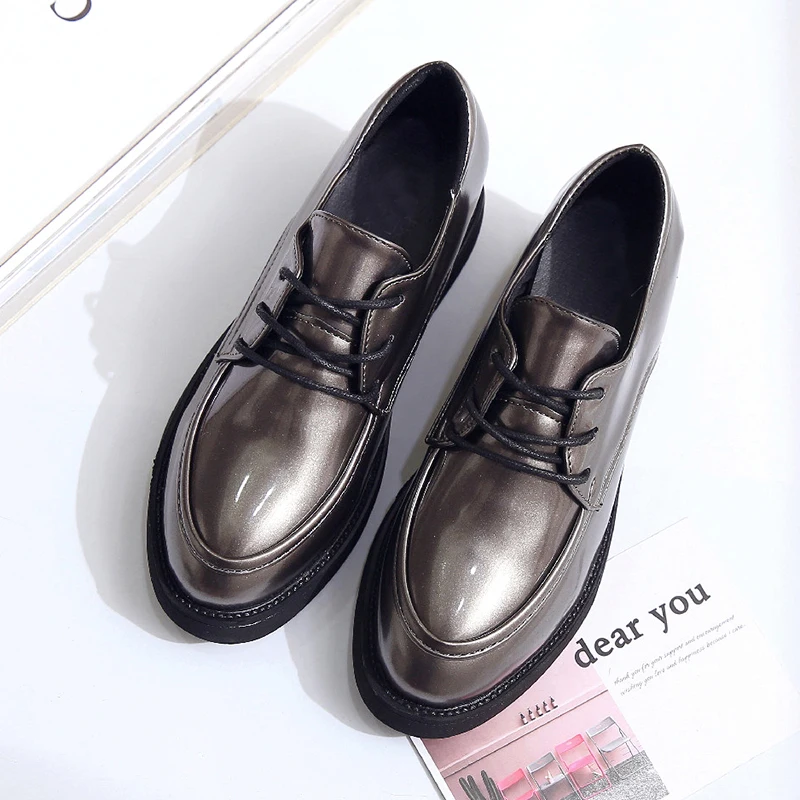 

HEE GRAND Woman Oxfords Platform Casual Shoes Sliver Pu Patent Leather Loafer Women Shoes Round Toe Creepers Women Flats XWD6897