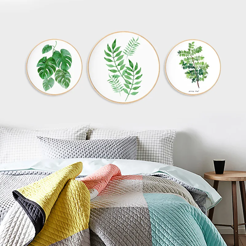 

Modern Nordic round birch frame decorative painting Plant leaf decorative painting Living room bedroom study mural with frame