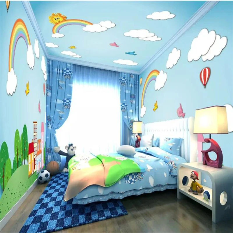 Фотообои на заказ 3D нетканые цельные обои для дома детская Настенная роспись мультфильм облако небо птицы Радуга для детской комнаты спальни