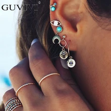 

GUVIVI New Fashion Bohomian 5pcs/lot Stud Earrings Set For Women Blue Stone Moon Palm Statement Hang Brincos Jewelry Gifts