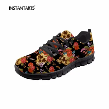 

INSTANTARTS Breathable Flats 3D Sugar Skull Flower Pattern Plus Size Casual Lace Up Sneakers Tenis Feminino Youth Girl Flat Shoe