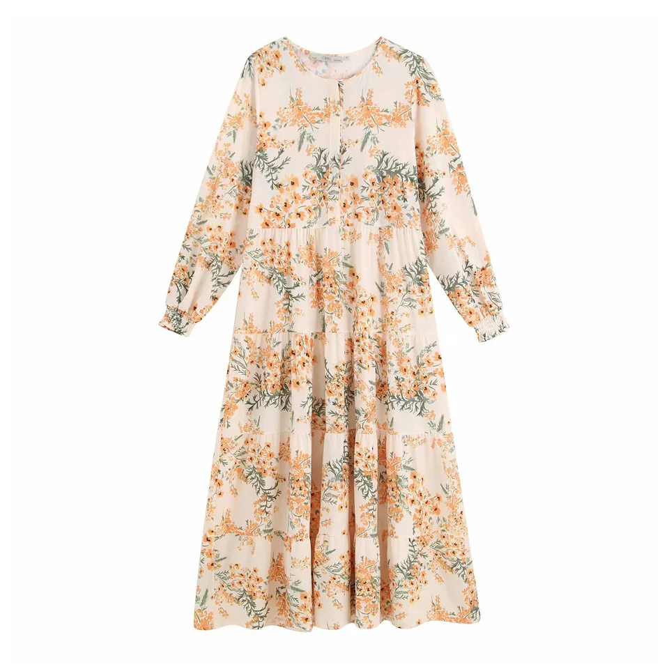 

Women Summer Fashion Floral Dress Spliced Buttons V-Neck Long Sleeve Dresses Female Loose Elegant Pleated Dress vestidos