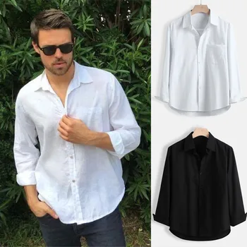 

KLV 2019 men shirt Men's Fashion Long Sleeve Solid Color Lapel Business Or Casual Shirt Tops Blouse free shipping D4