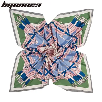 

[BQACCES] Women Twill Silk Square Scarves Belt Print Luxury Brand Bandana Female Hijab Headwear Shawl Wrap Bufanda 130*130cm