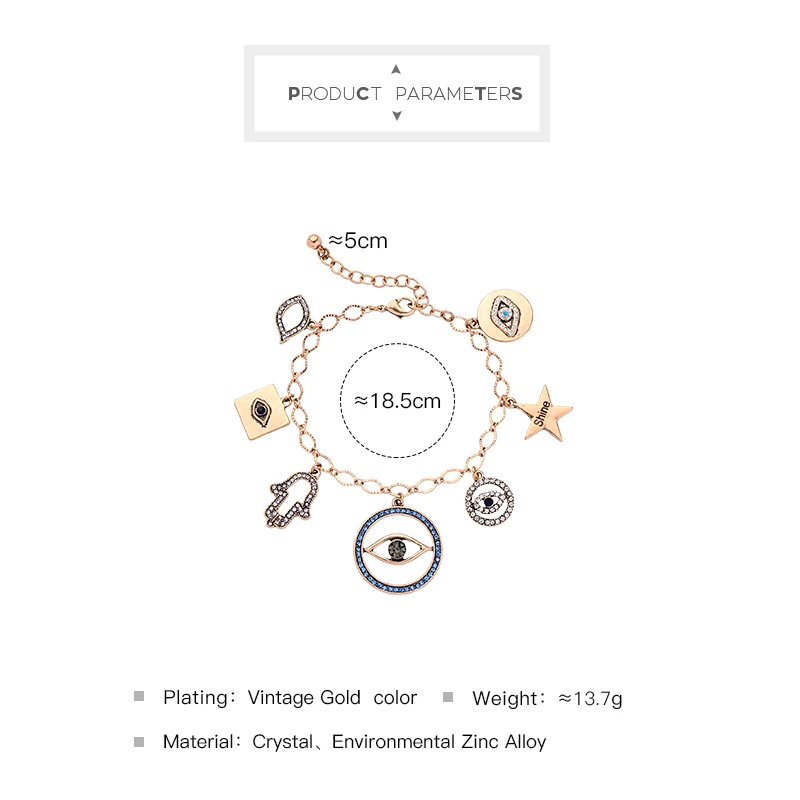 BALANBIU Hyperbole Hiphop Street Style Crystal Evil Eyes Shine Star Charm Bracelet For Women Gift Vintage Gold Color Alloy Chain