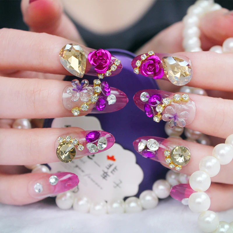 

High-grade finished nails, fake nails, shiny gemstones, detachable bride's nail stickers, worn nail art, golden drops, pur SH03