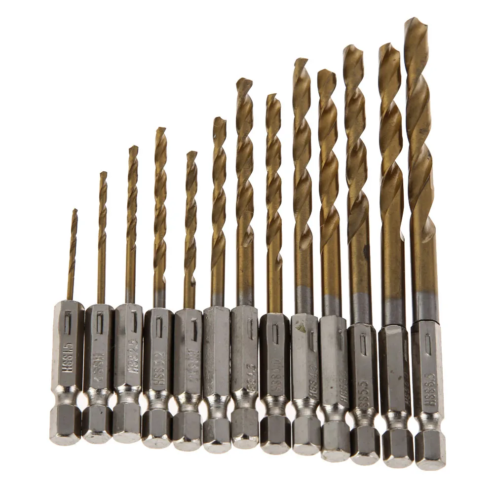 

13Pcs High Speed Steel Titanium Coated Drill Bit Set 1/4 for Drilling Concrete Brick Power Tool Accessories