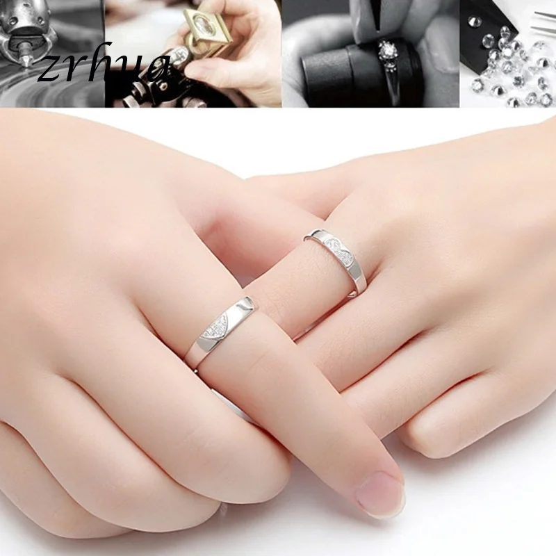 ZRHUA Elegant Men Women Personalized 925 Sterling Silver Heart Rings Fashion Chic Couple Anillos for Wedding Party Engagment