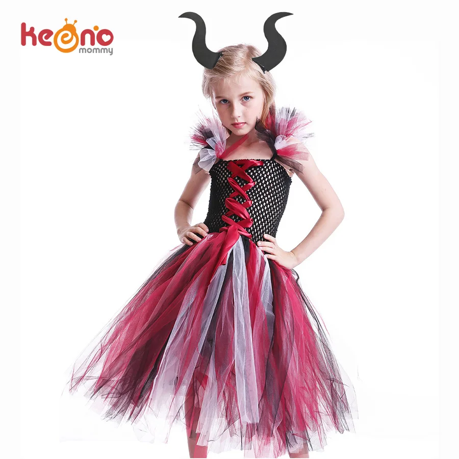 

Maleficent Evil Queen Girls Tutu Dress Kids Halloween Cosplay Witch Vampire Costume with Horns Children Fancy Party Clothing